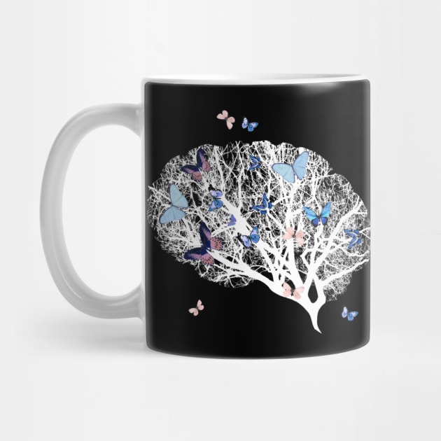 White brain and blue flowers, brain tree branches, Positivity, creativity, side brain by Collagedream